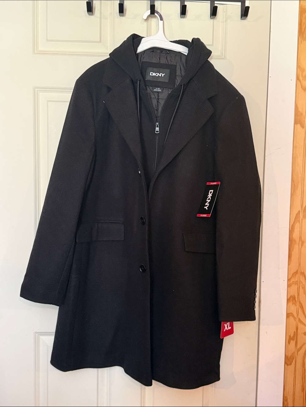 DKNY Men’s Black Wool-Blend Hooded Trench Coat